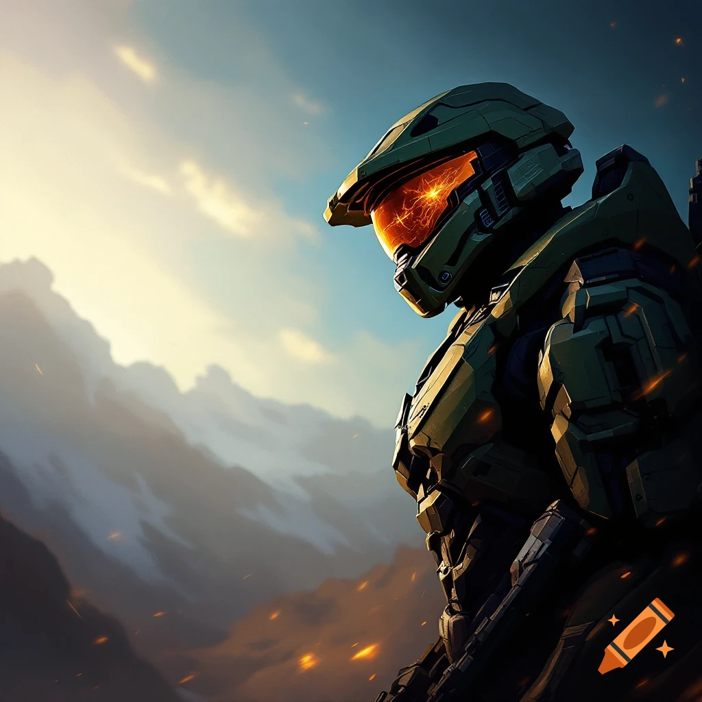 Master Chief looking left with mountains and clouds in the background.