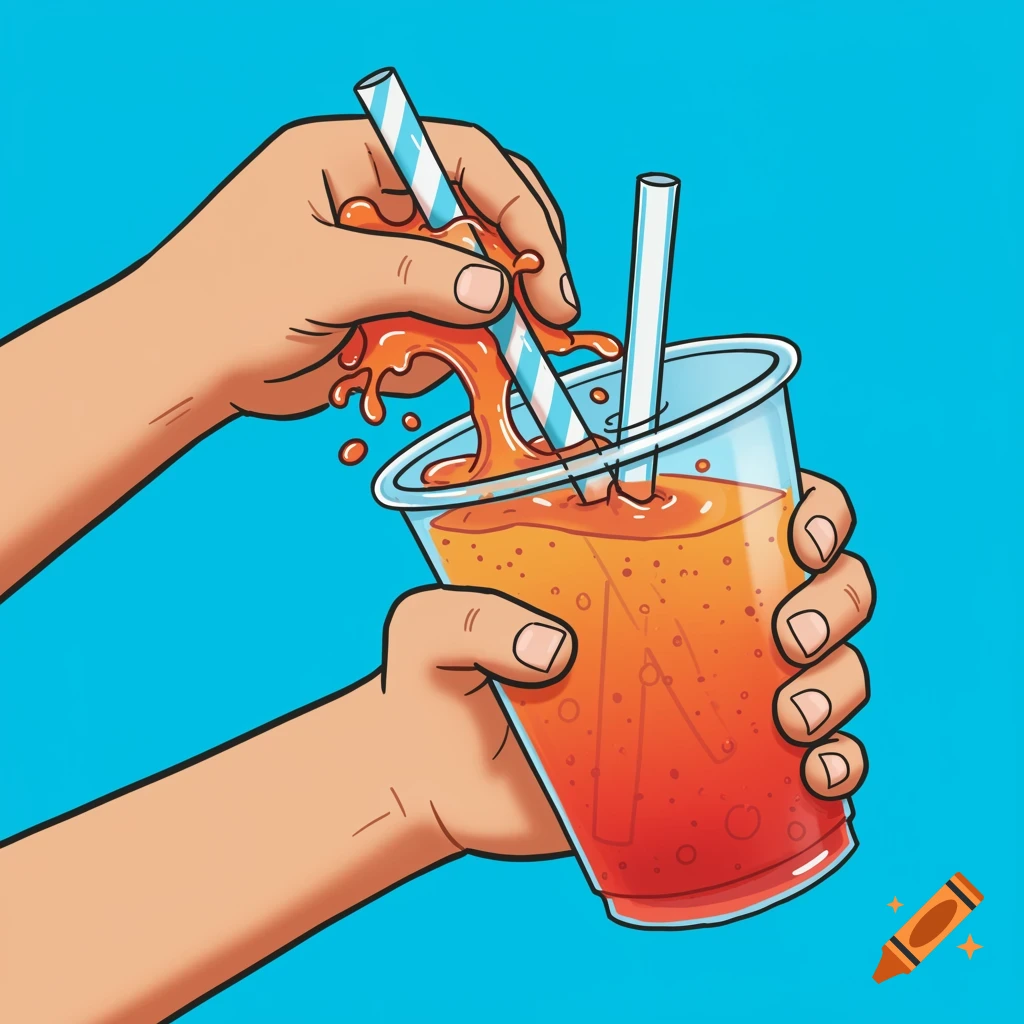 Cartoon illustration of hands holding a transparent cup with splashing orange juice and straws.