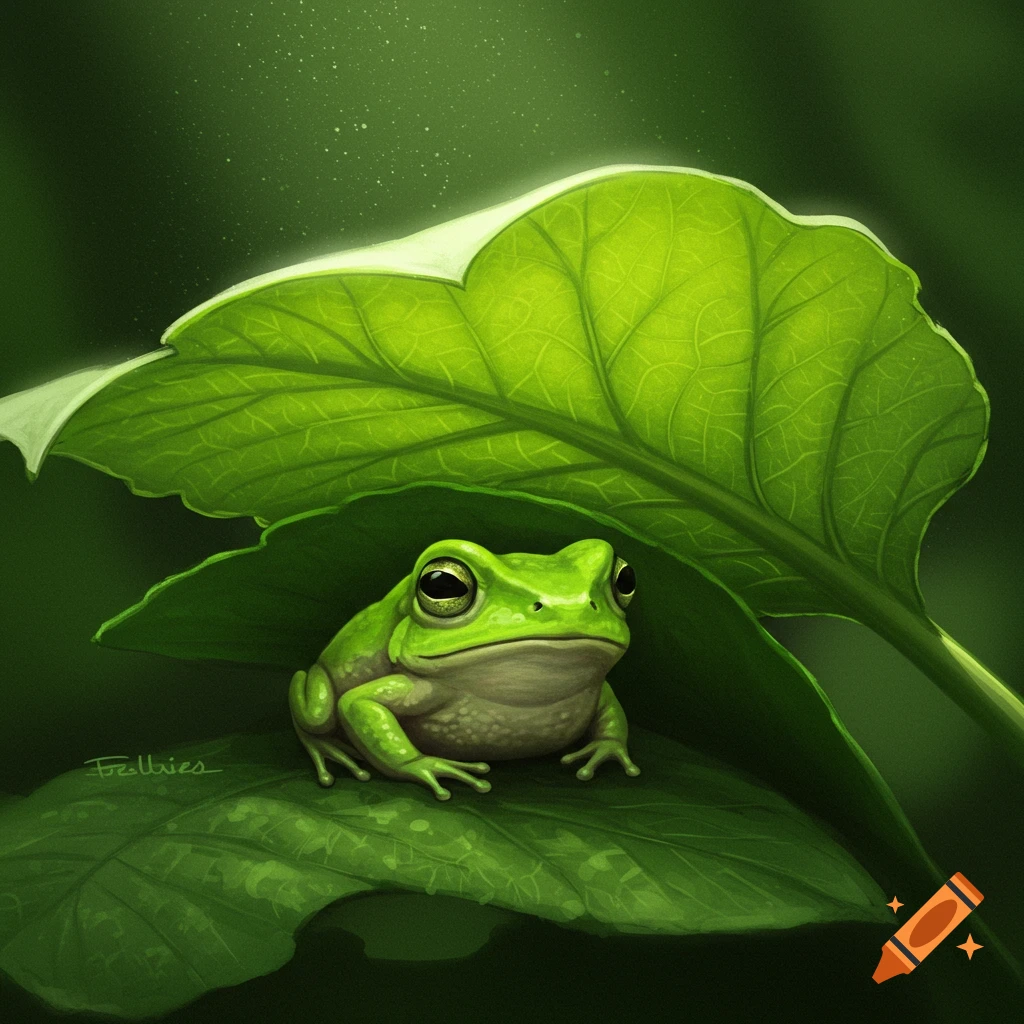 A small green frog sits on a large green leaf in a forest