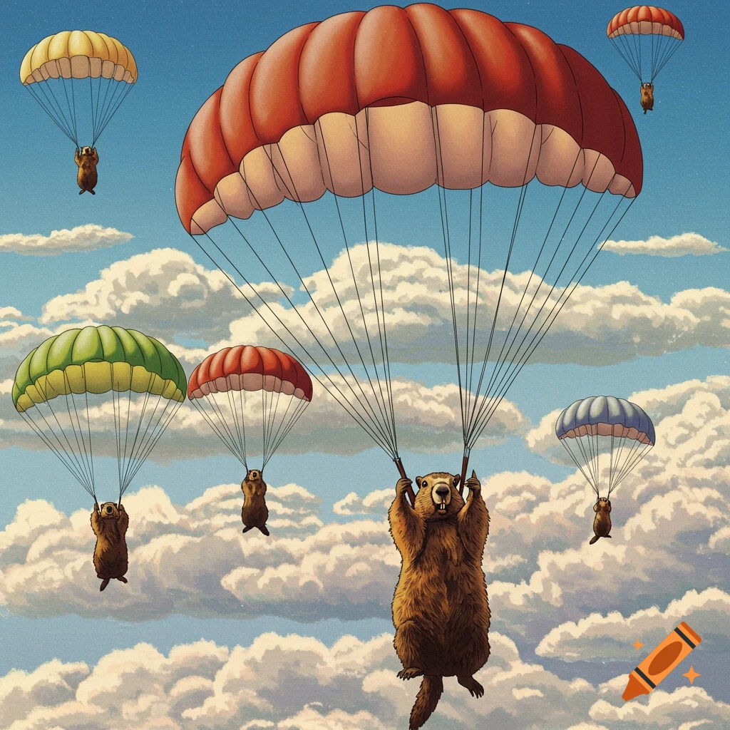 Several marmots parachute down from a blue sky filled with fluffy clouds in a detailed illustration.