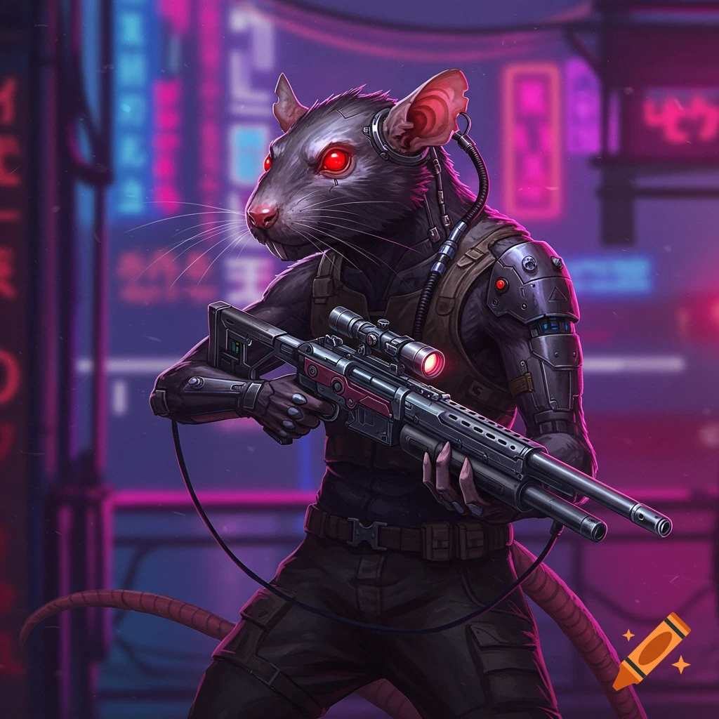 A cyberpunk rat character stands in a neon-lit city street, holding a hunting rifle.