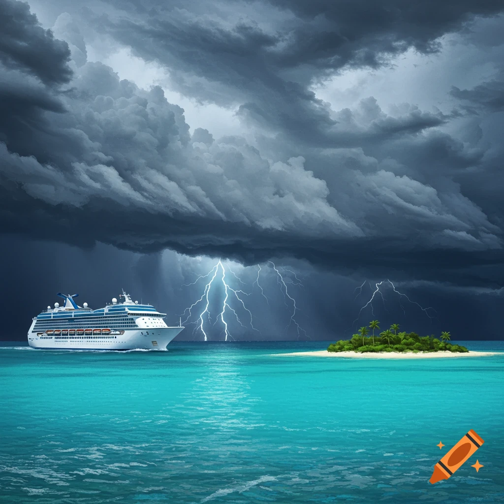 A cruise ship sailing on a stormy sea with lightning striking near a small tropical island.