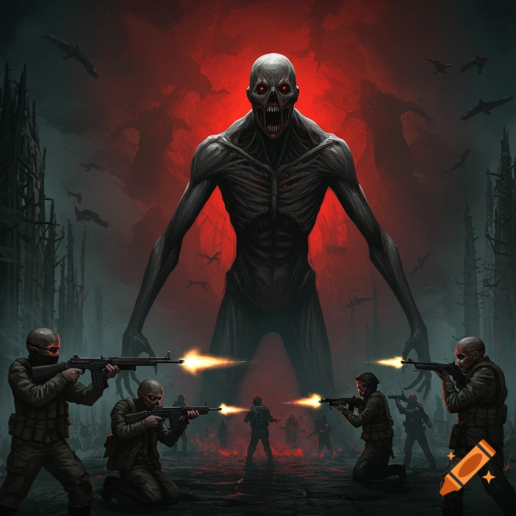 Soldiers fighting a giant skeletal horror creature in a ruined city.