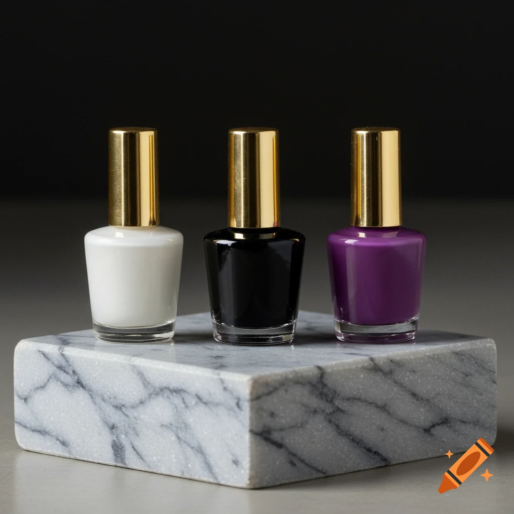 Three nail polish bottles on a marble block: white, black, and purple with gold caps. Product photo.