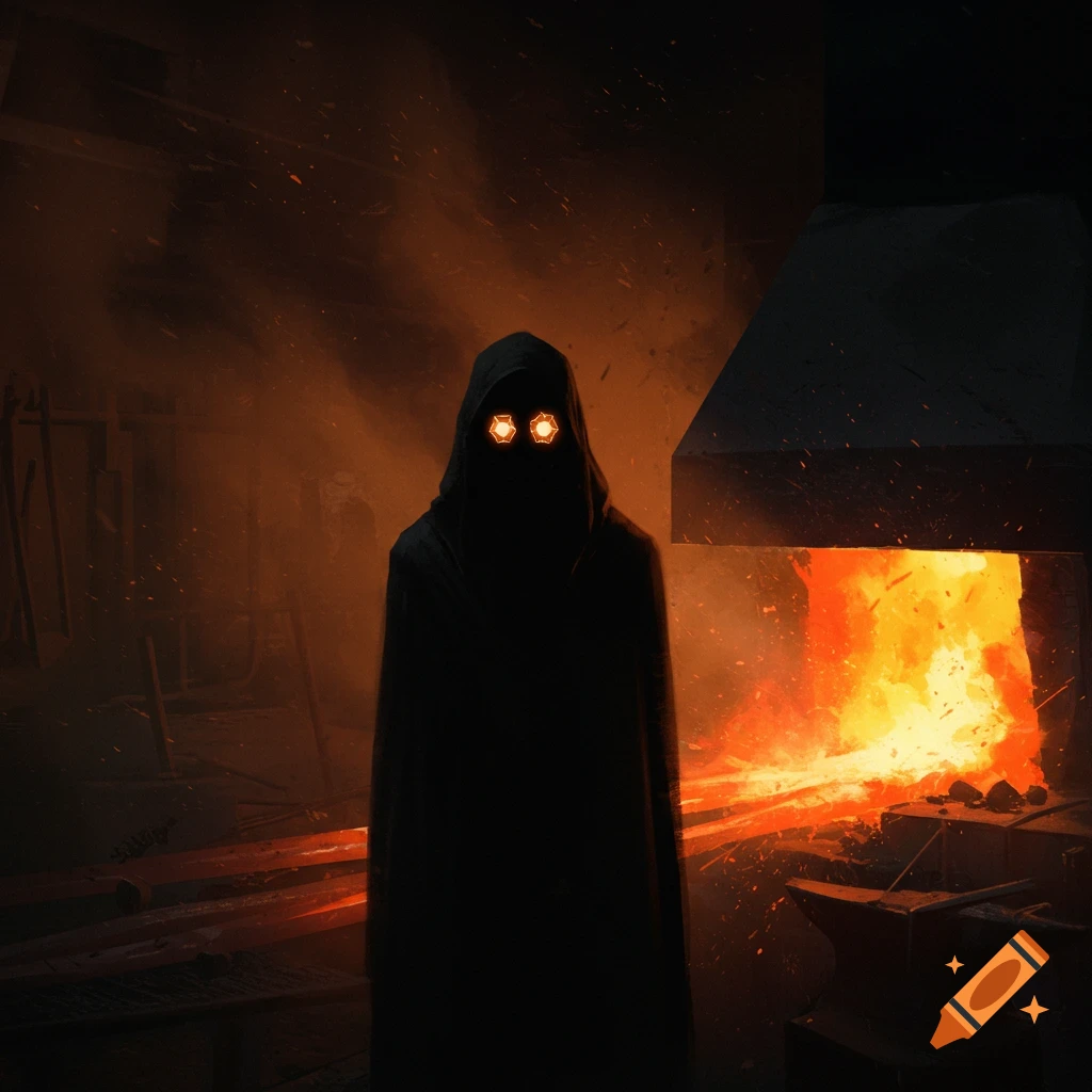 A cloaked shadowy figure with glowing eyes in a blacksmith forge.