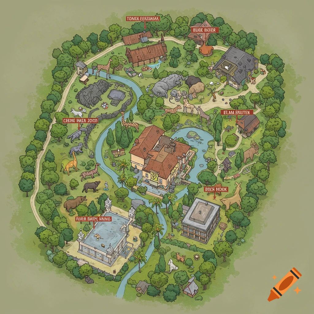 Illustrated map layout of a zoo showing paths, buildings, and various animal enclosures.