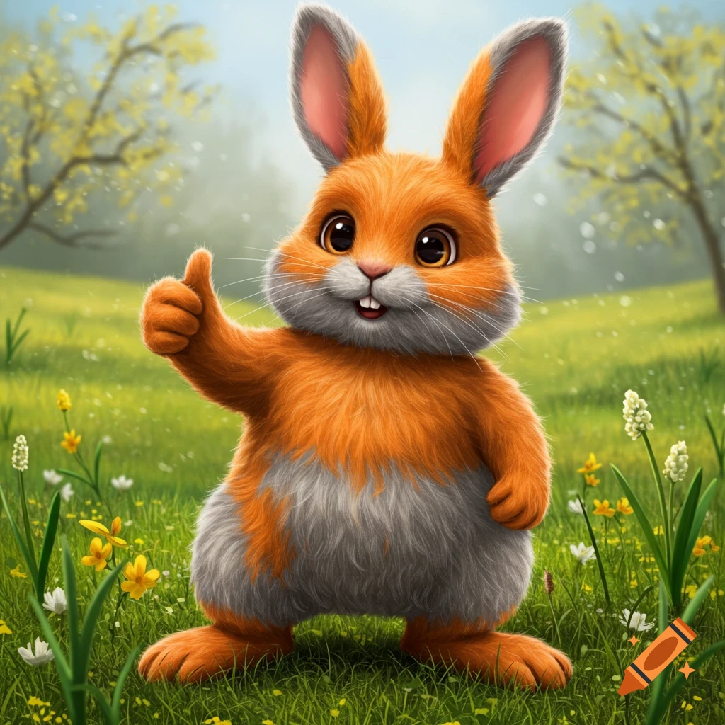 A fluffy orange and grey rabbit gives a thumbs up in a grassy field.