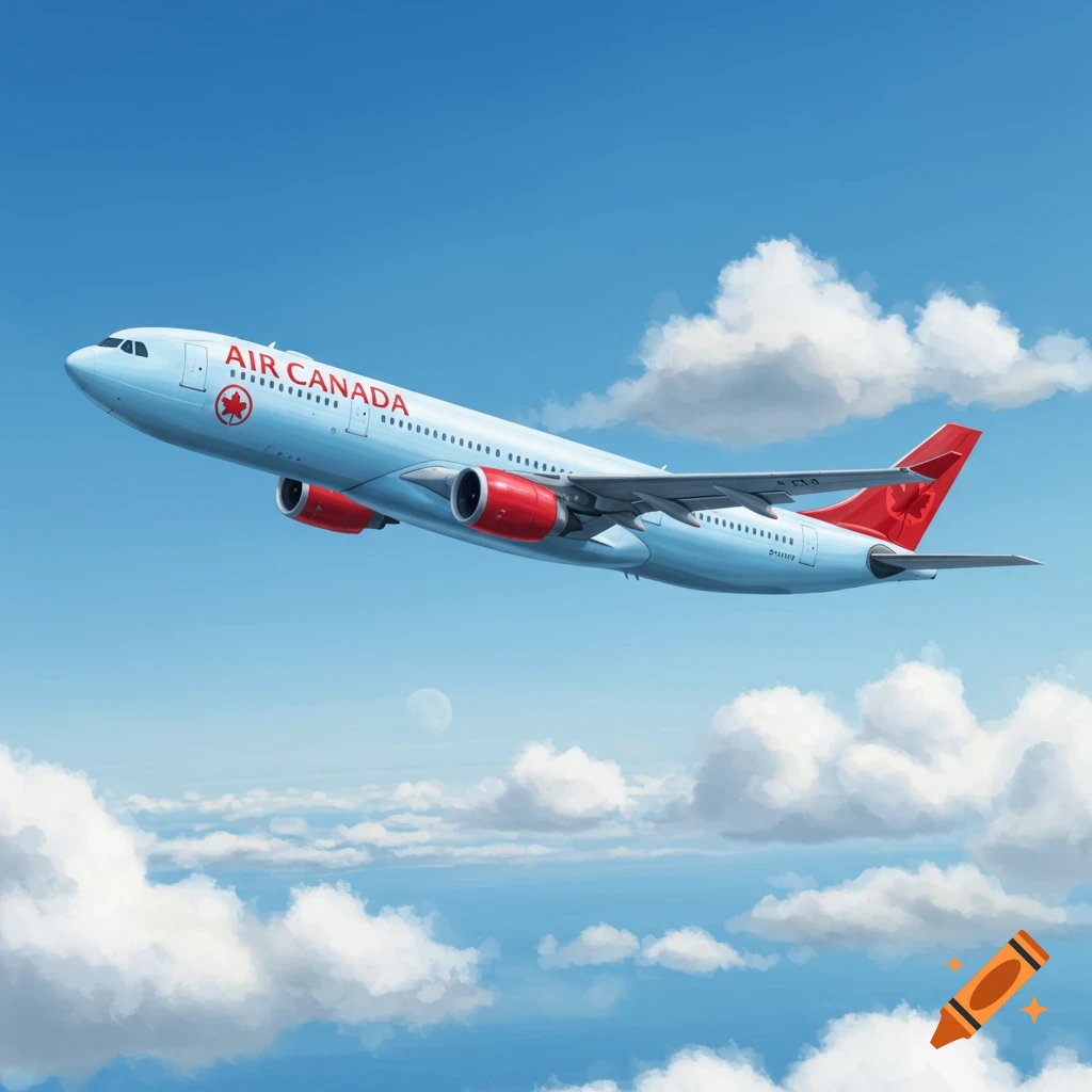 An Air Canada airplane flying in a blue sky above clouds.