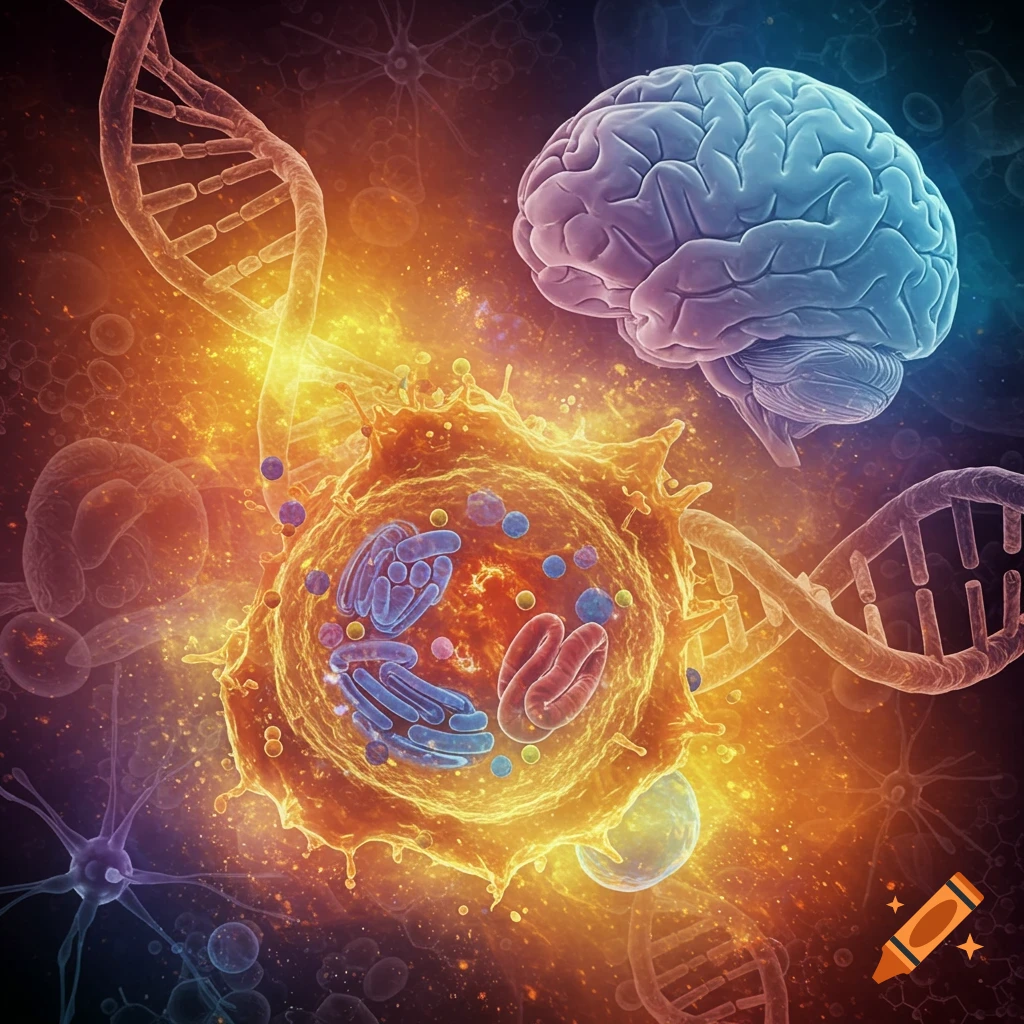 A brain, cell, and DNA strands.