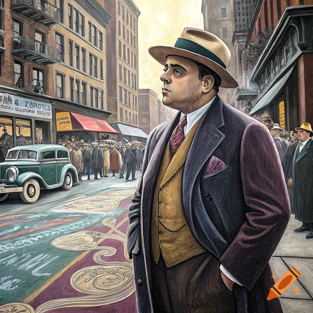 Chalk art depiction of Al Capone on a 1920s street scene.