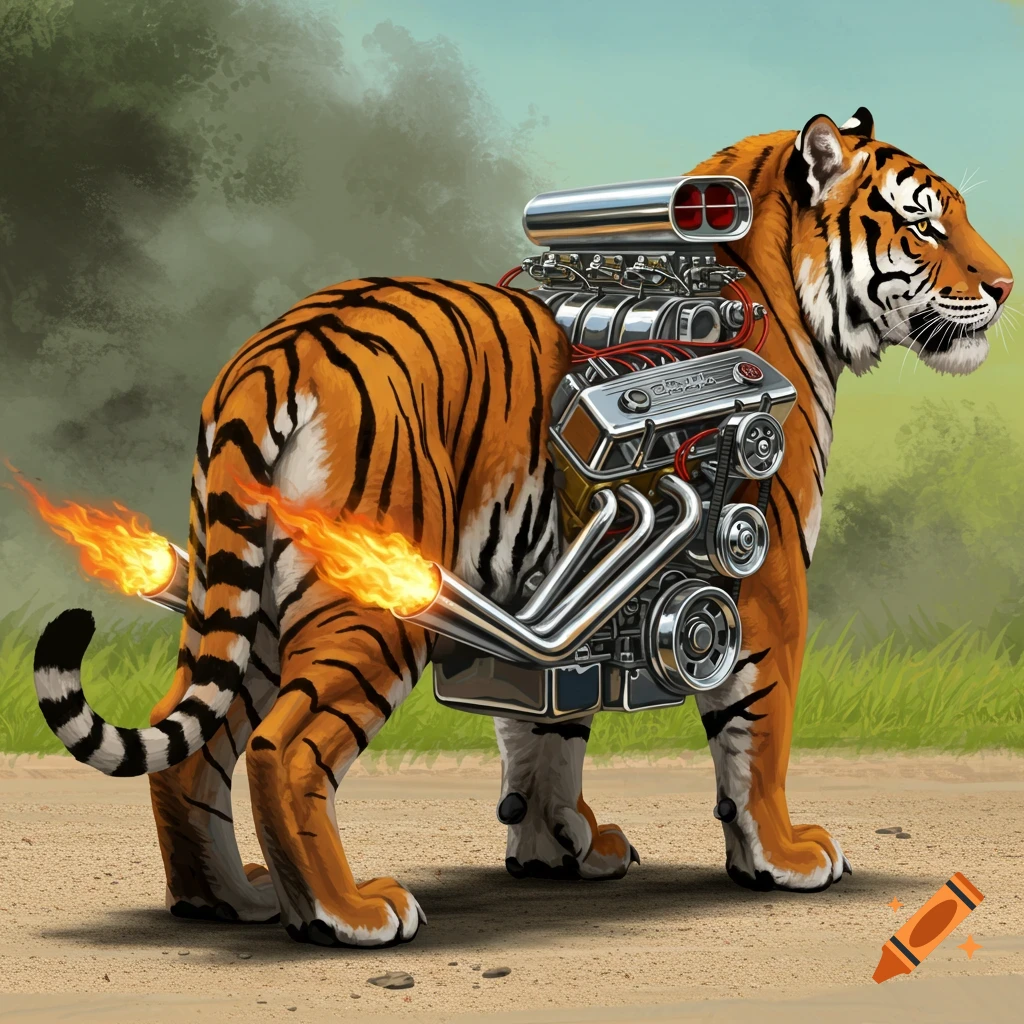 A tiger with a hot rod engine mounted on its back, exhaust pipes firing flames.