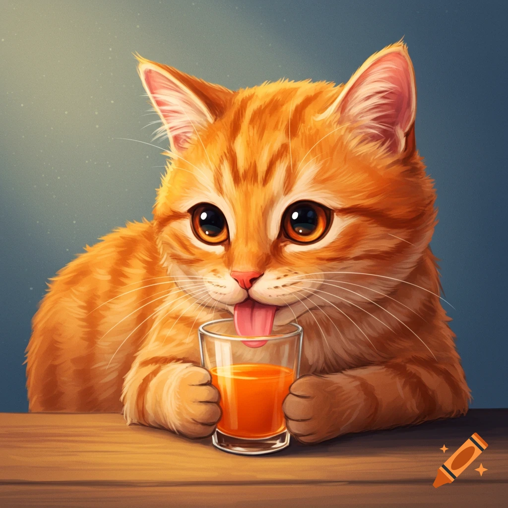 A cute orange cat licking juice from a glass on a wooden table.