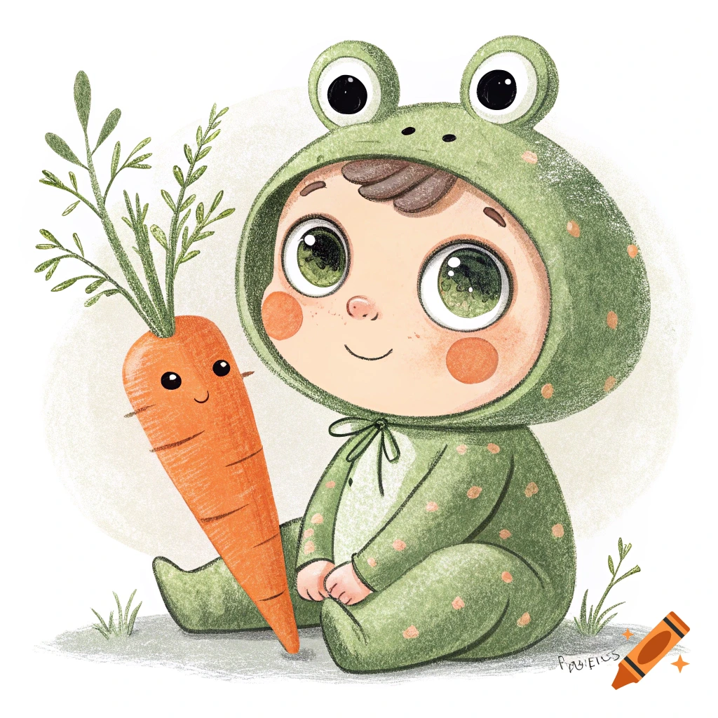 Illustration of a baby in a frog costume next to a smiling carrot.