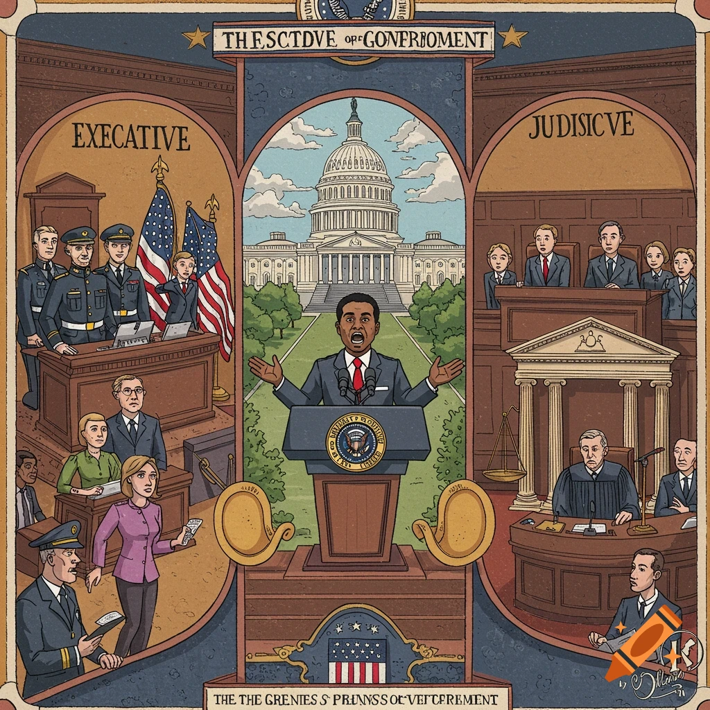 An illustration depicting the three branches of the US government: Executive branch with figures in uniform and civilians, the Capitol building in the center with a speaker at a podium, and the Judicial branch in a courtroom setting.