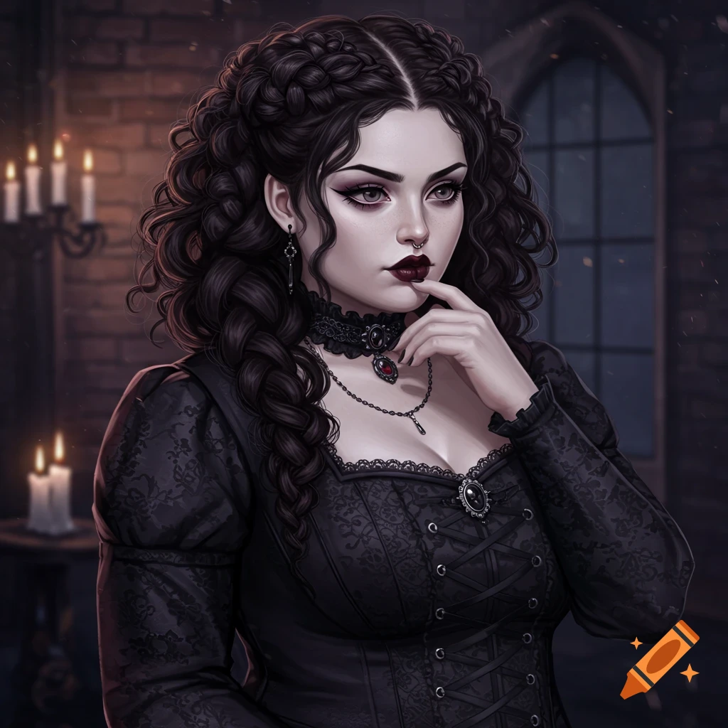 A gothic woman with braided hair, dark makeup, and jewelry.