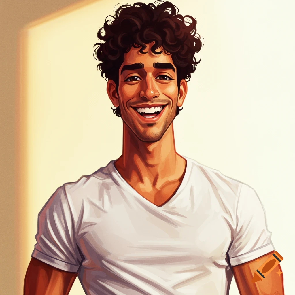 Portrait of a smiling man with curly brown hair wearing a white v-neck shirt.