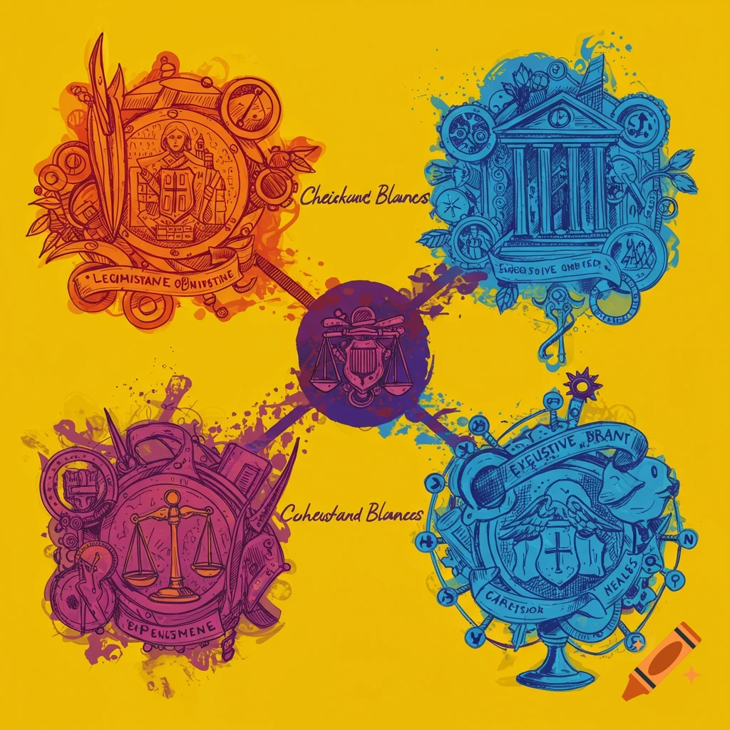 Four stylized emblems with symbolic elements like scales, buildings, and crests on a yellow background.