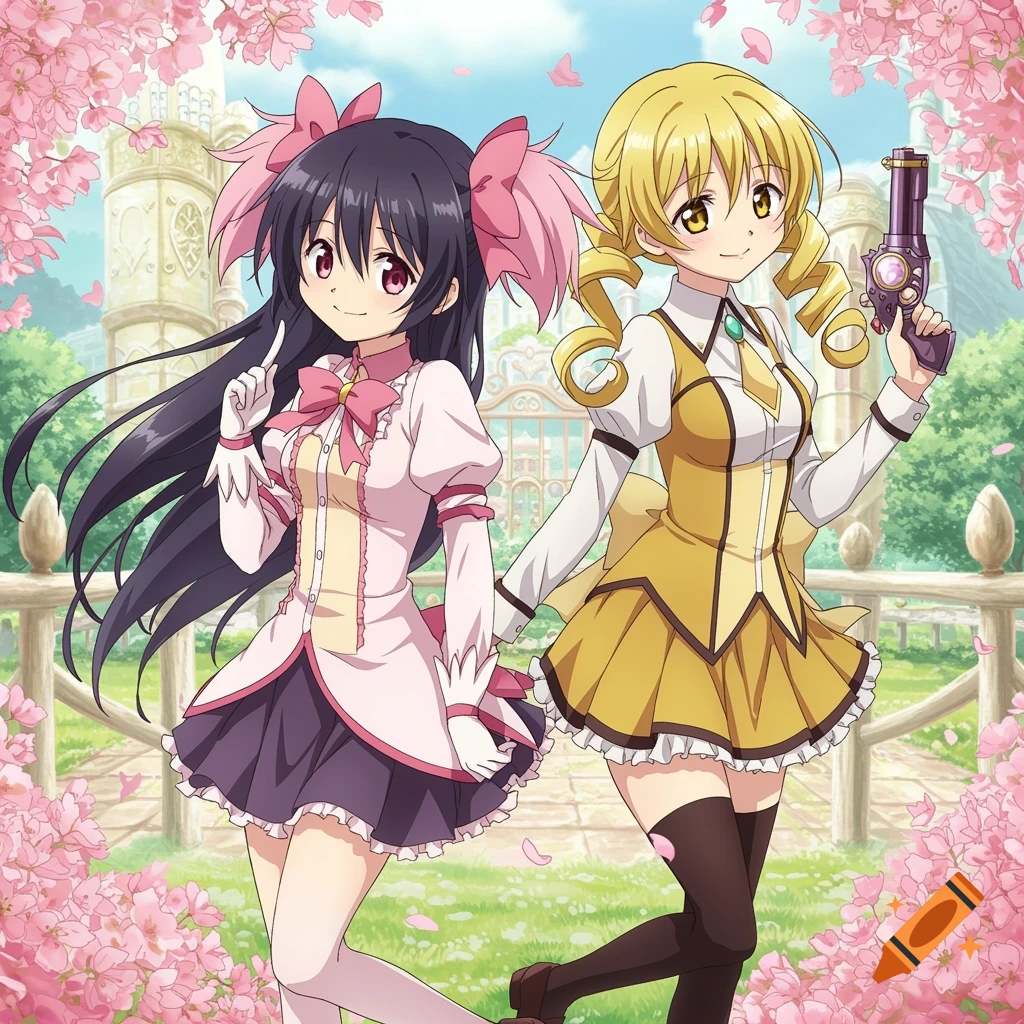 Two anime magical girls in a garden with cherry blossoms.