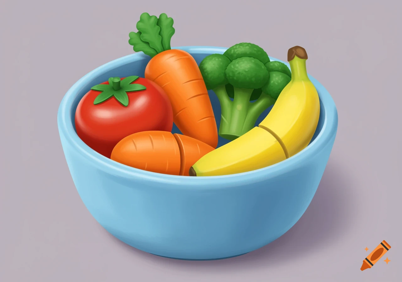 A blue bowl is filled with cartoon play food: tomato, carrots, broccoli, and banana.
