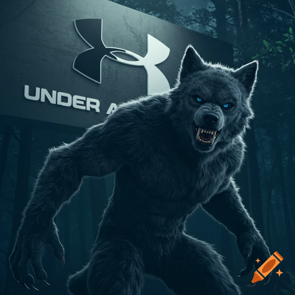 A furry werewolf with glowing blue eyes stands in front of an Under Armour sign in a dark forest.