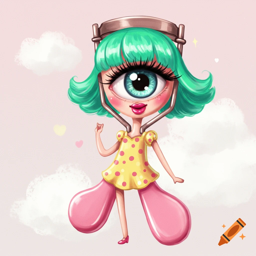 A cartoon character combining an eyelash curler and human features, with green hair, a large eye, a yellow polka-dot dress, and pink legs.