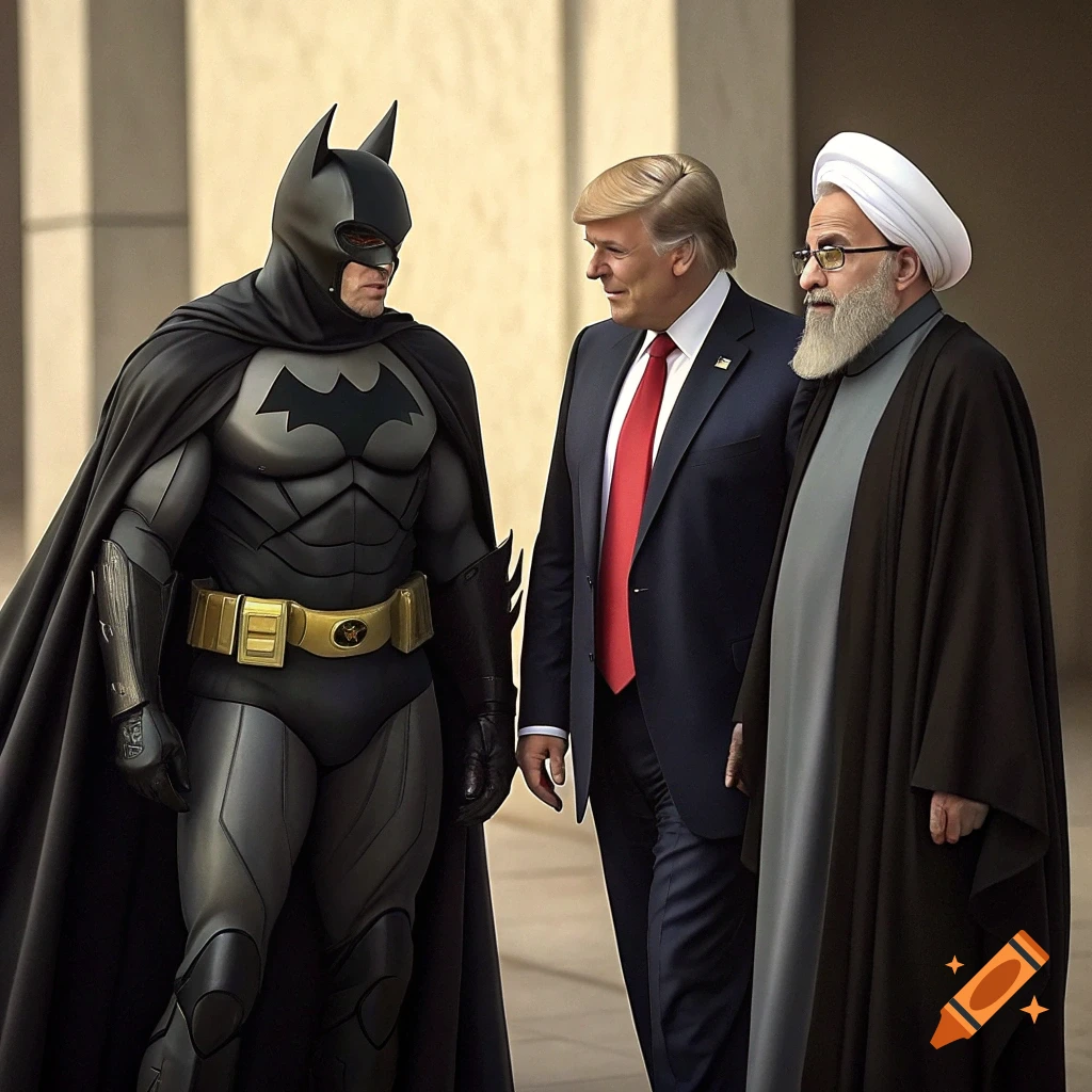 Batman stands between Donald Trump and Ali Khamenei outside a building.