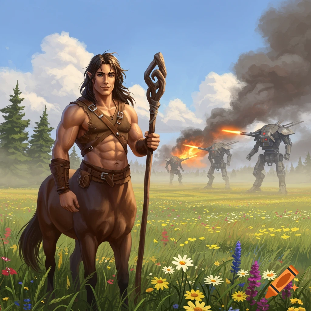 A handsome centaur stands in a meadow with robots battling and burning in the background.