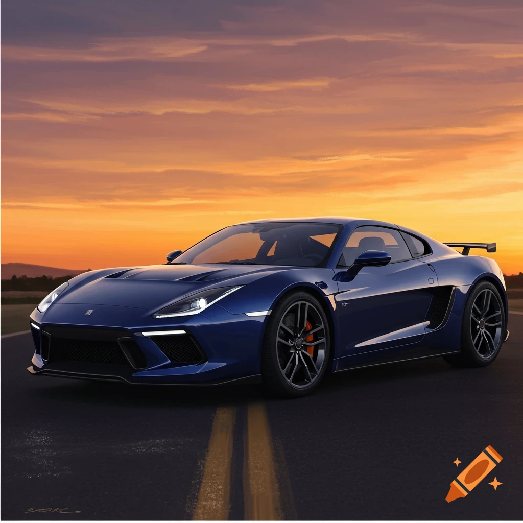 A blue sports car on a road at sunset.
