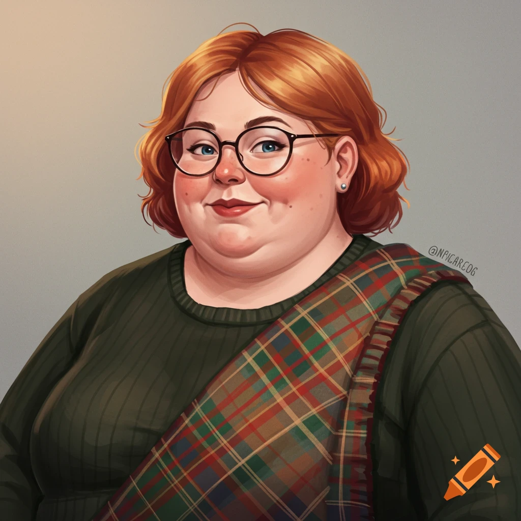 A smiling woman with red hair and glasses wearing a green sweater and tartan scarf.