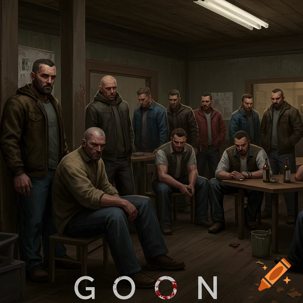 A group of serious-looking men are gathered in a dimly lit room, with the word GOON at the bottom.