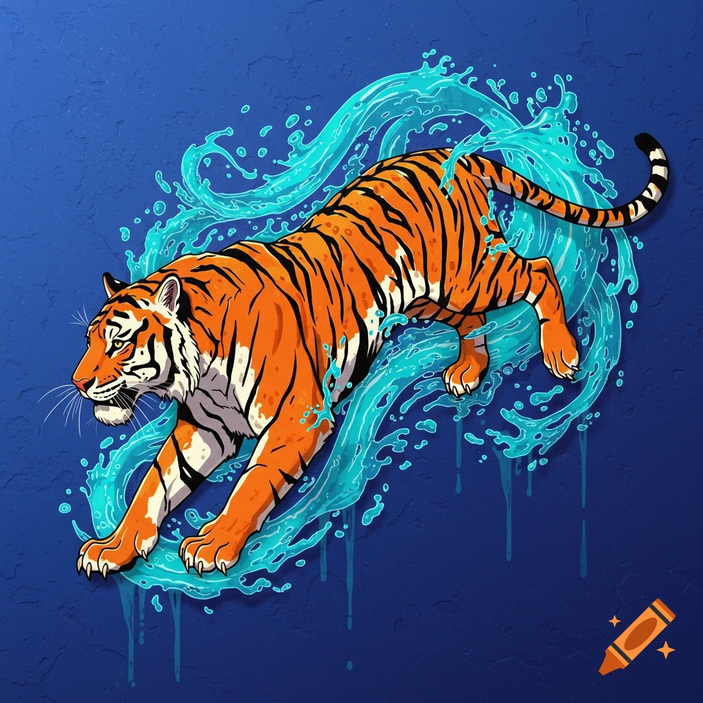 An orange tiger leaps through a splash of blue water.
