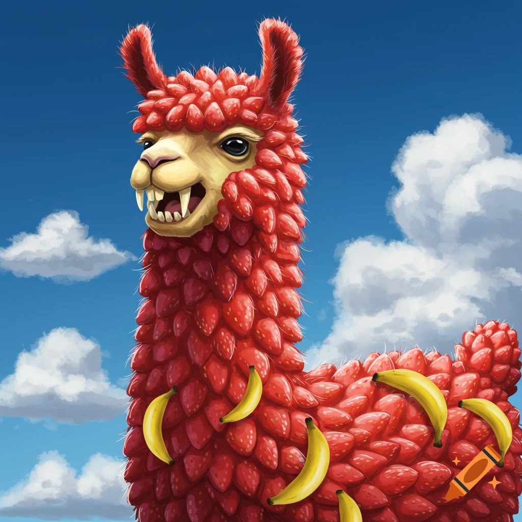 A llama made of strawberries with sharp banana teeth against a blue sky