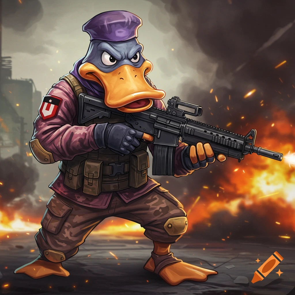 Cartoon duck soldier in military gear holds a rifle amidst fire and smoke in a combat zone.
