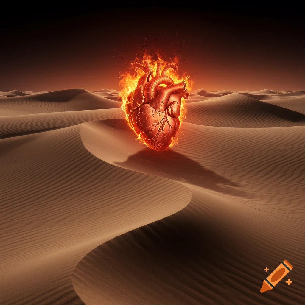 An anatomically correct human heart burning in the middle of sand dunes.