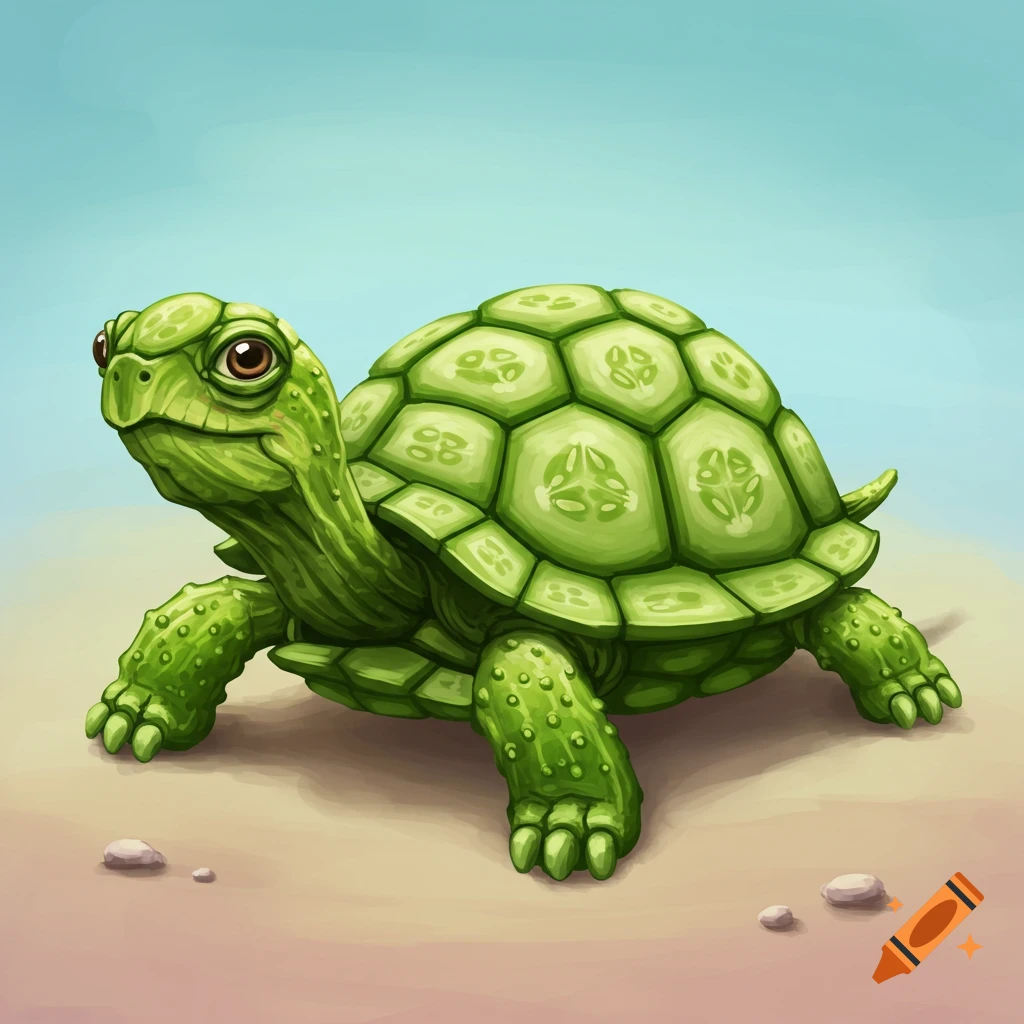 A turtle made of cucumbers on sand.