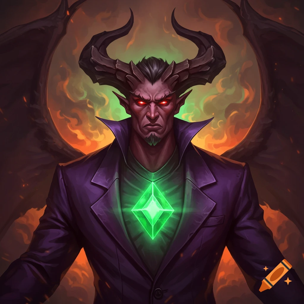 A demon in a purple suit with horns, wings, and a glowing green diamond on his chest against fire.