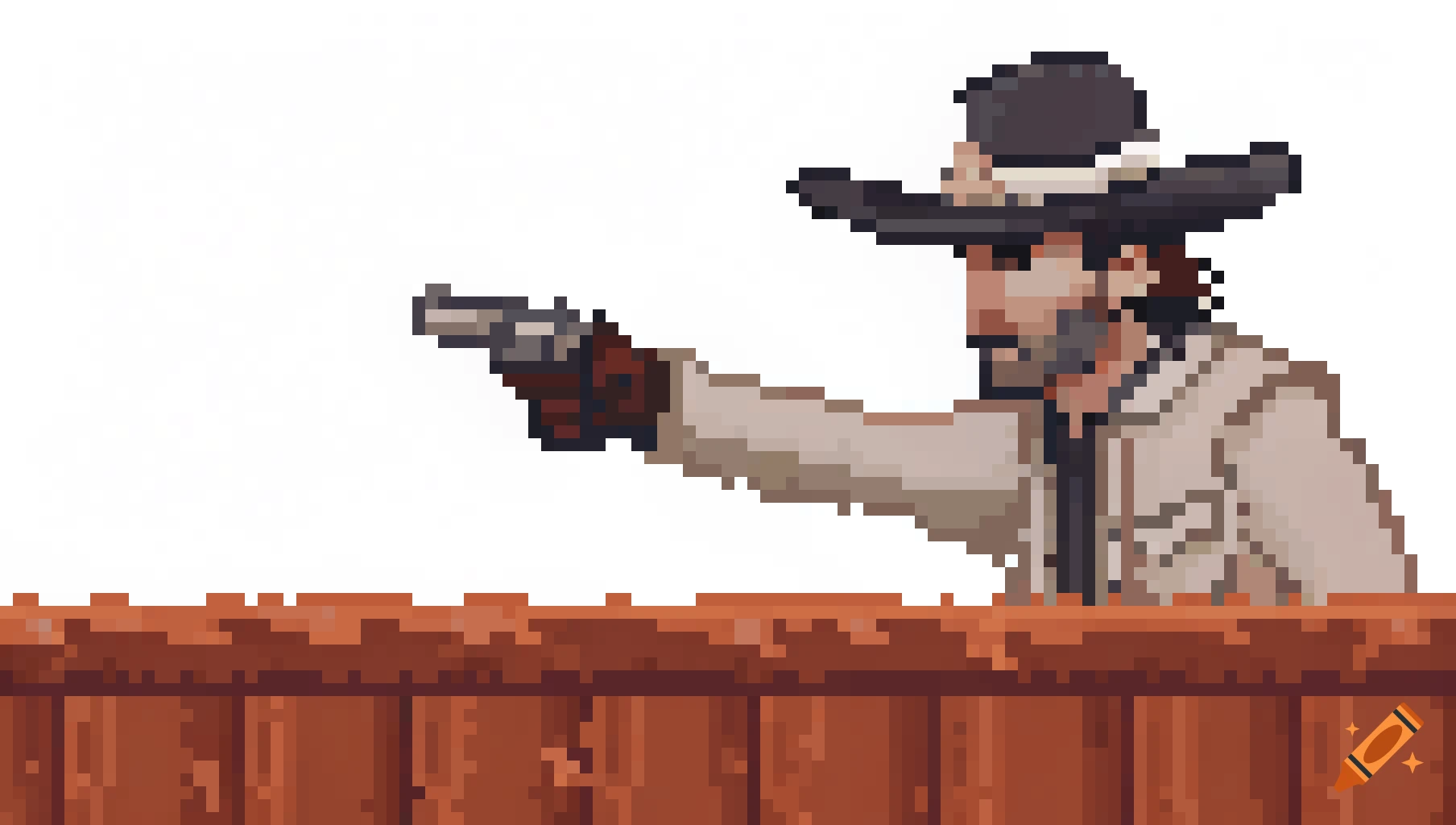 Pixel art western character pointing a pistol from behind a wooden wall.