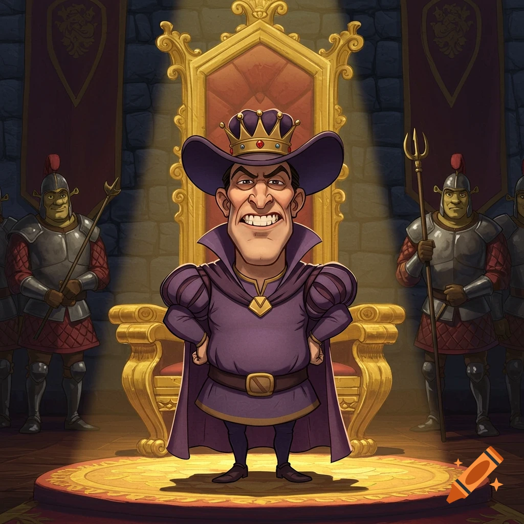 A cartoonish short character resembling Lord Farquaad stands in a purple outfit and crown before a throne with guards.
