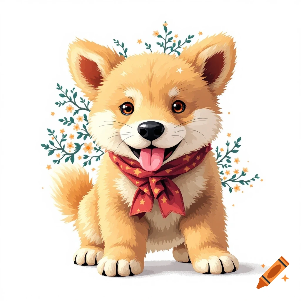 Cartoon puppy with red star scarf and flowers