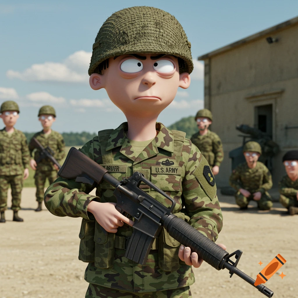 A 3D render of a cartoon character in a U.S. Army uniform holding a rifle at a military base.