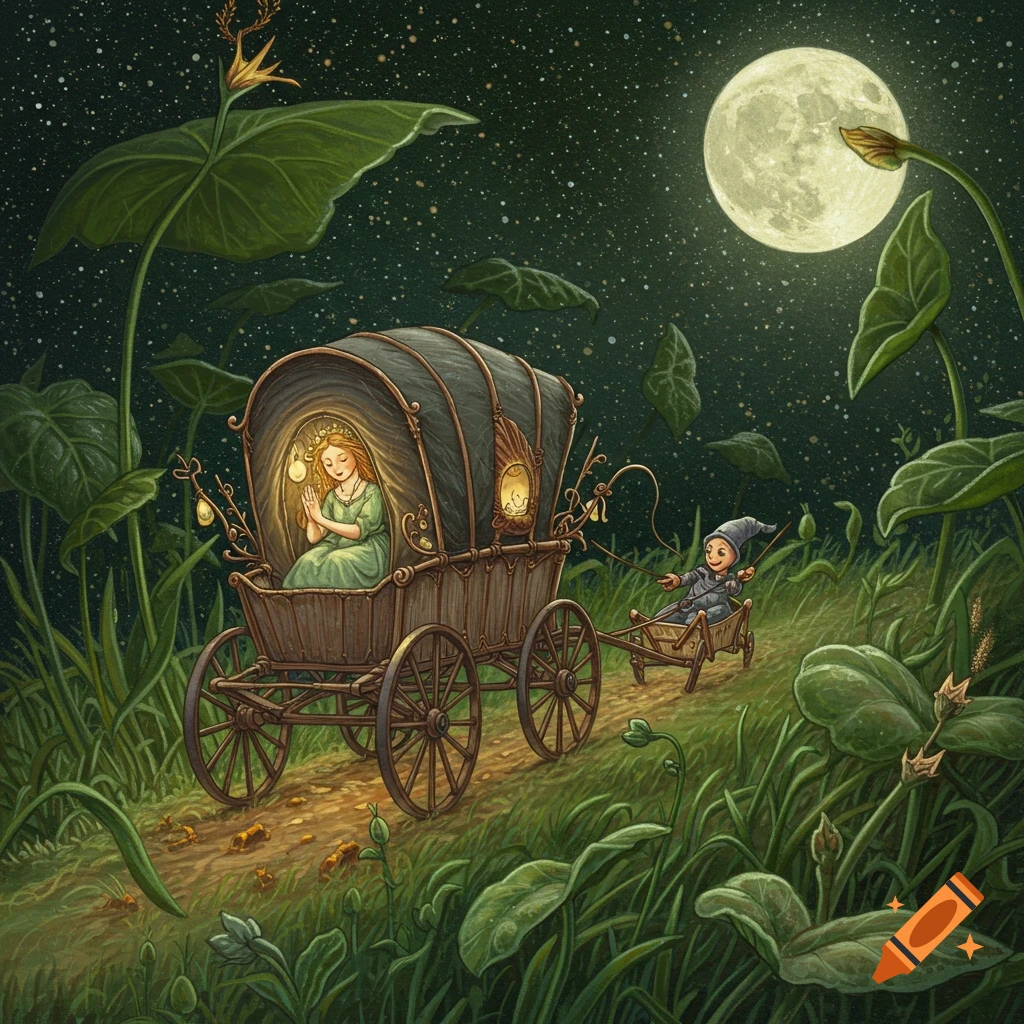 A tiny woman rides in a carriage drawn by a small creature under a full moon, traveling through towering grass.