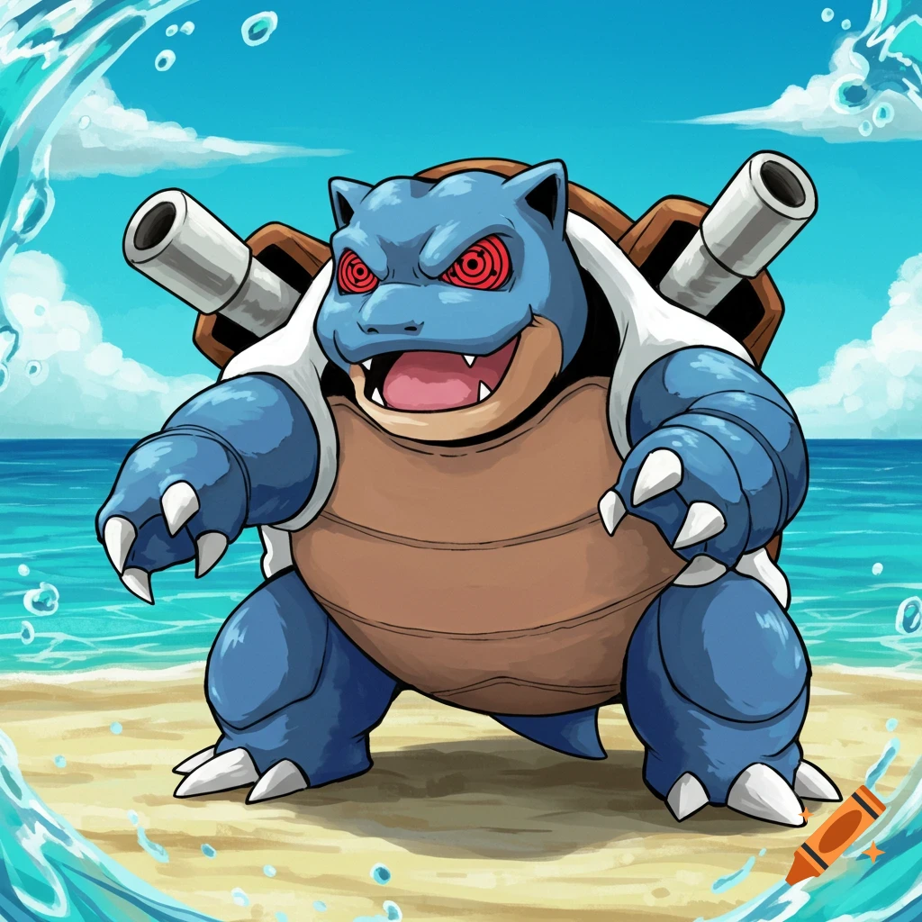 Blastoise is standing on a sandy beach, with red Sharingan eyes and water splashing around it.
