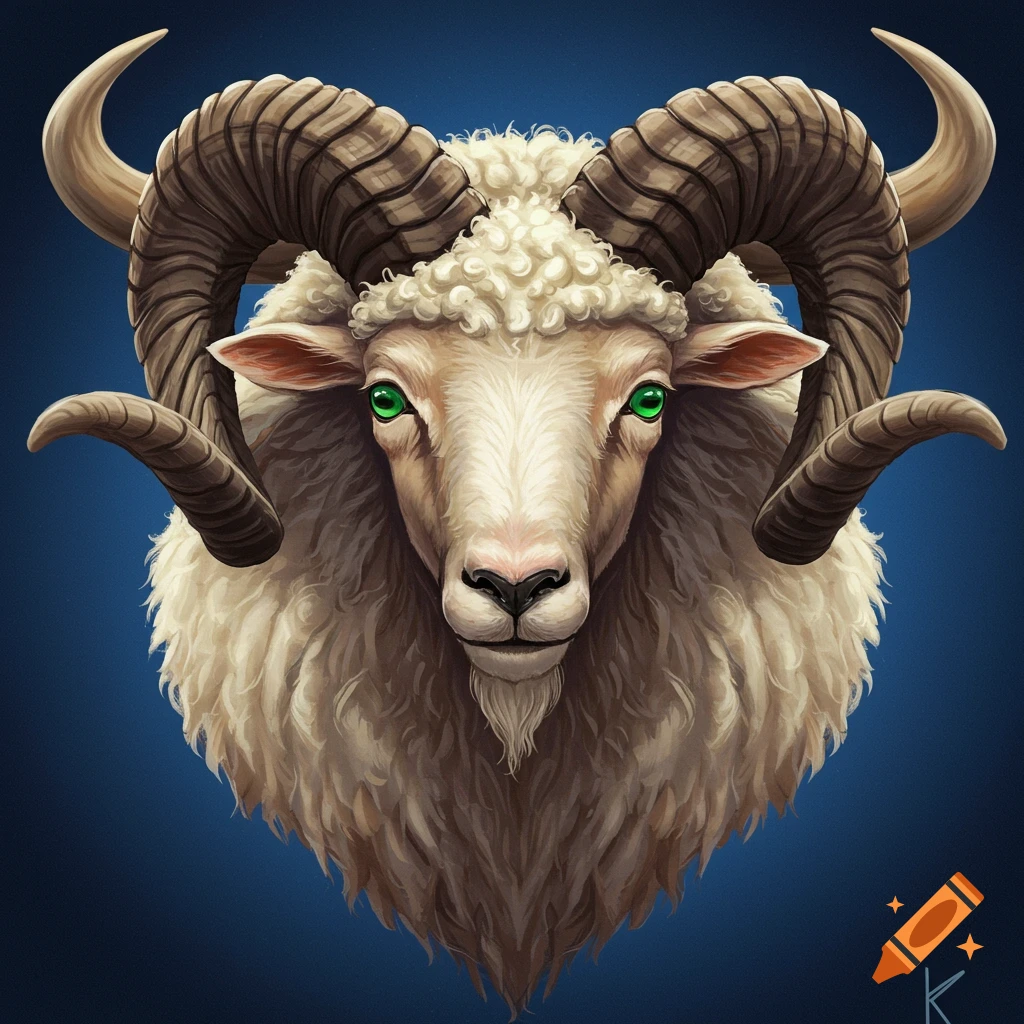 A ram and bull head merge with large horns and green eyes on a blue background.