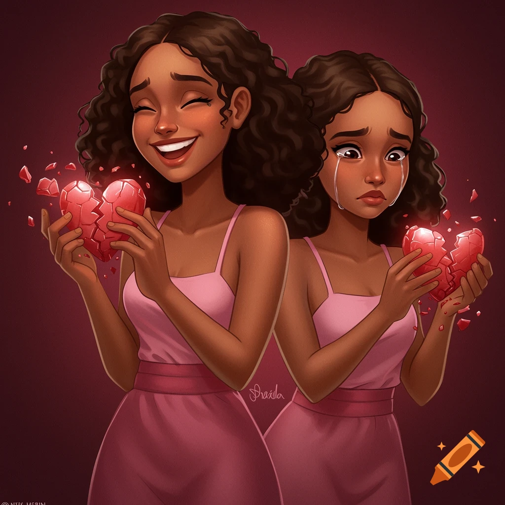 Digital art illustration of a woman showing happy and sad emotions while holding a broken heart