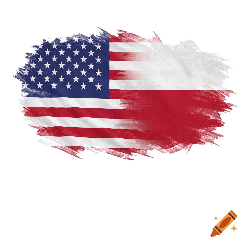 Brushstroke transition from US flag to Poland flag on white background