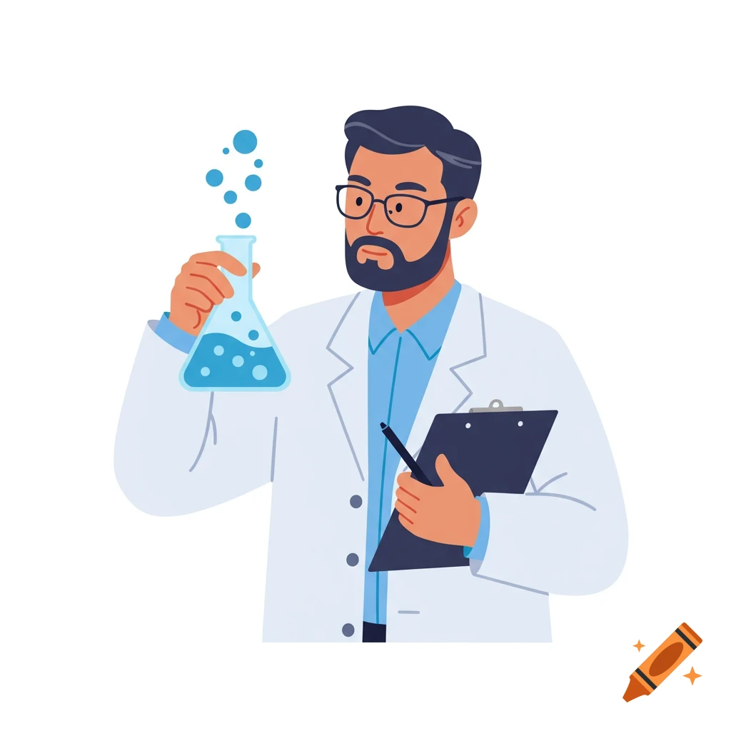 Flat illustration of a scientist holding a beaker and clipboard