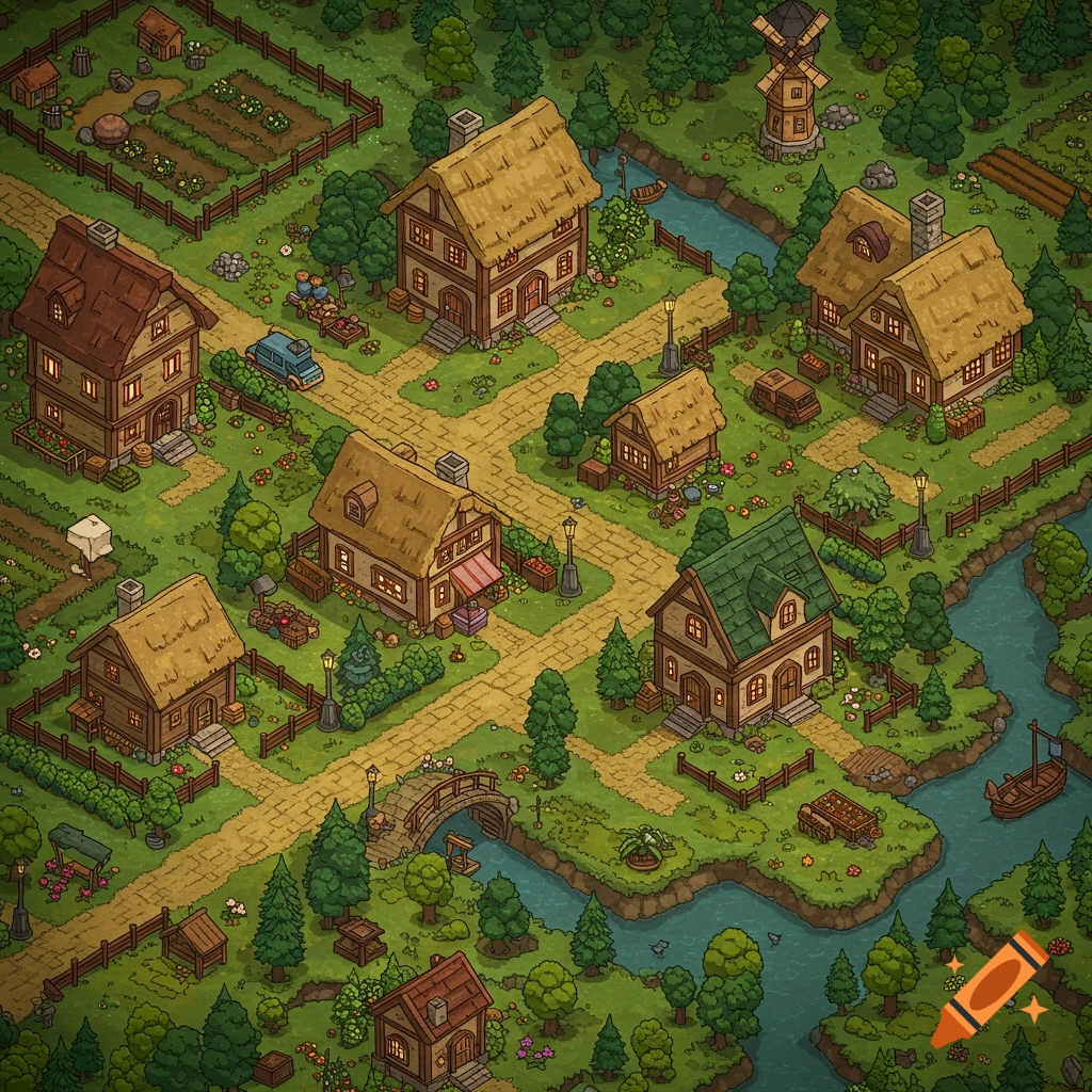 Isometric view of a pixelated cottagecore village with houses, river, fields, and a windmill.
