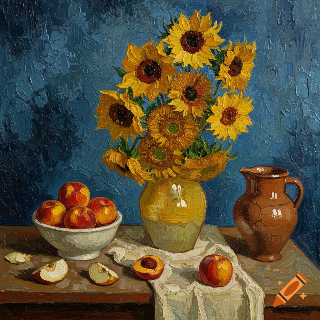 Still life painting of sunflowers, peaches, and a jug in Van Gogh style.