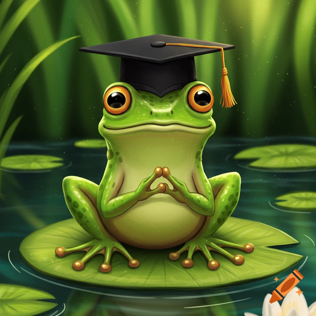 A green frog wearing a graduation cap sits on a lily pad in a pond.