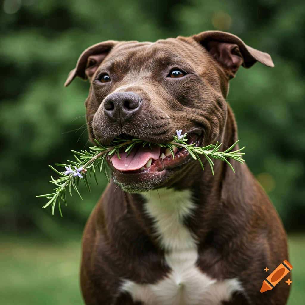 Close-up portrait of a pitbull dog holding a sprig of rosemary in its mouth, looking at the camera with its tongue out. Photorealistic style.
